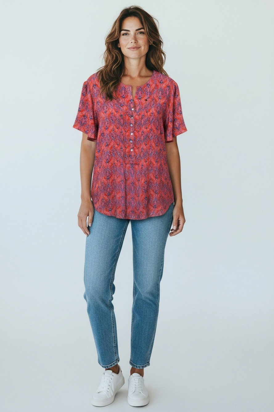 NWT Rose + Olive Pink & Blue Floral Paisley Short Flutter Sleeve Button Blouse